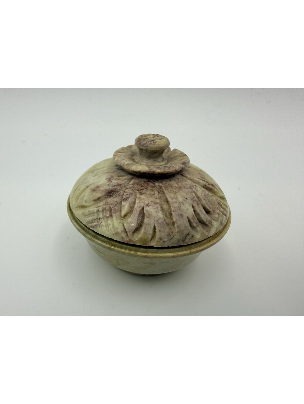 Vintage Hand Carved Soapstone Lidded Round Dome Trinket Ring Dish Small India